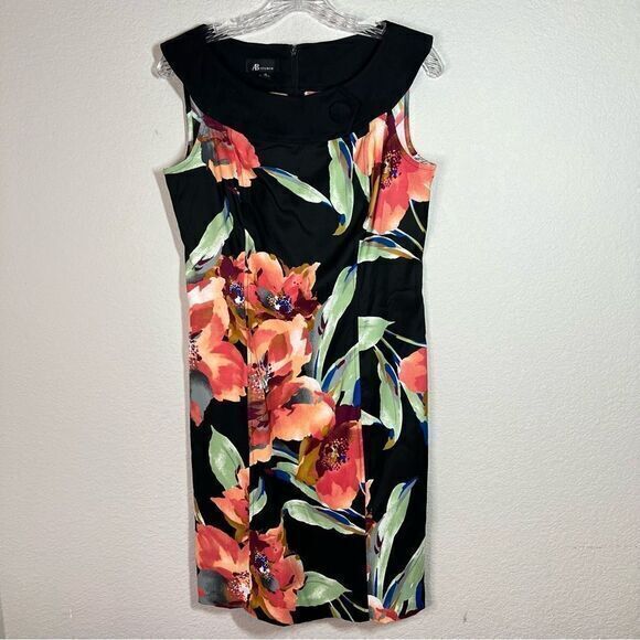 AB Studio Black Floral‎ Sleeveless Back Zip Button Sheath Dress Womens Size 10 - Picture 1 of 8